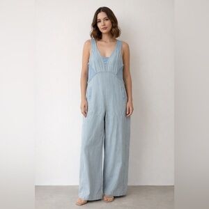 ee:some Light Blue fray seams wide legs Jumpsuit size small boho coastal